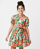 Pine Kids Woven Half Sleeves Frock & Belt with Floral Print - Green & Orange