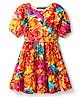 Pine Kids Rayon Woven Half Sleeves Frock With Floral Print & Belt - Multicolor
