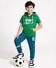 Pine Kids Cotton Knit Half Sleeves Cut & Sew Hooded T-Shirt & Lounge Pant Set with Text Print - Teal Blue & Green