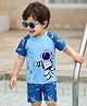 Bosky Half Raglan Sleeves Two Piece Swimming Suit with Astronaut Theme Print - Blue