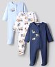 Bonfino 100% Cotton Knit Full Sleeves Footed Sleep Suits with Construction Vehicle Print Pack of 3 - White Light & Navy Blue
