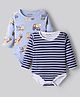 Bonfino 100% Cotton Full Sleeves Stripes & Vehicles Printed Onesies Pack Of 2 - Navy Blue & Light Blue