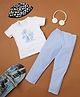 RAINE AND JAINE Cotton Knit Half Sleeves Striped & Surf Up Text Printed Night Suit Set - White & Blue