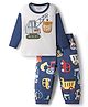 Bonfino 100% Cotton Knit Full Sleeves Drop Shoulder Oversized T-Shirt & Lounge Pant Set with Vehicle Print & Patch Detailing - Navy Blue