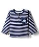 Bonfino 100% Cotton Knit Full Sleeve Henley Neck Striped T-Shirt with Pocket & Car Print - White & Navy Blue