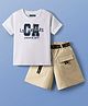 Pine Kids Single Jersey Knit Half Sleeves T-Shirt & Shorts Set With Belt & Los Angeles Print - White & Olive Green