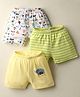 OHMS Single Jersey Knit Knee Length Shorts with Vehicle Print & Stripes Pack of 3 - Yellow & White