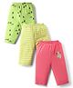 OHMS Single Jersey Knit Full Length Lounge Pant With Stripe & Tree Print Pack Of 3 - Pink Light Green & Yellow