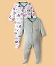 OHMS Single Jersey Full Sleeves Footed Sleep Suits with  Animal Print Pack of 2 - Olive Green & White