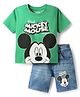 Babyhug Disney Single Jersey Knit Half Drop Shoulder Sleeves T-Shirt & Denim Shorts Set with Mickey Mouse Graphics - Mint & Blue