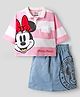Pine Kids Disney Single Jersey Half Sleeves Drop Shoulder Top & Denim Skirt with Minnie Mouse Graphics & Color Block Design - White & Pink