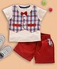 Wonderchild Half Sleeves Solid Tee With Shorts & Attached Checked Waistcoat & Bow - Red