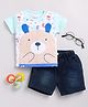 Wonderchild Interlock Half Sleeves Teddy Bear Printed Tee With Mild Washed Shorts Set - White & Green