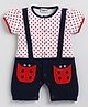 Wonderchild Interlock Half Puffed Sleeves Polka Dots Printed & Patch Embroidered Romper With Attached Suspender - Navy Blue & Grey