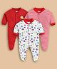 Wonderchild Interlock Pack Of 3 Full Sleeves Animals Printed & Striped Sleepsuits - Red & Multi Colour