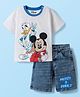 Babyhug Disney Single Jersey Knit Half Drop Shoulder Sleeves T-Shirt & Denim Shorts Set With Mickey & Friends Graphics - White & Blue