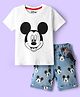 Babyhug Disney Single Jersey Knit Half Sleeves T-Shirt & Short Set With Suspender & Mickey Mouse Graphics - White & Blue