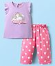 Babyhug Cotton Knit Frill Sleeves Capri Night Suit With Unicorn Print - Lavender & Dark Pink