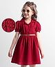 Hola Bonita Woven Half Puffed Sleeves Textured Collared Frock with Belt - Red