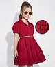 Hola Bonita Woven Half Puffed Sleeves Textured Collared Frock with Belt - Red