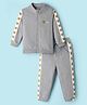 Mark & Mia Terry Knit Full Sleeves Front Zipper Cut & Sew Winter Wear T-Shirt & Pant Set With Bear Embroidery - Grey
