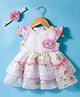 ToffyHouse Woven Frill Sleeves Layered Frock with Headband Floral Print & Applique - White