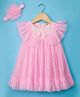 ToffyHouse Woven Frill Sleeves Solid Color Frock with Headband & Bow Applique - Pink