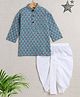 The Magic Wand Cotton Full Sleeves Floral Motifs Printed Kurta Dhoti Set - Teal Blue