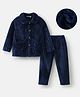 Mark & Mia Full Sleeves Front Open Co-ords Winter Wear Night Suit - Navy Blue