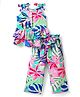 CrayonFlakes Rayon Knit Sleeveless Floral Printed Bow Applique Detailed Coordinating Top & Palazzo Set - Off White