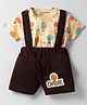 Little Darlings Single Jersey Knit Half Sleeves Henley Neck T-Shirt & Shorts Set With Air Balloon Print & Attached Suspender - Light Orange & Brown