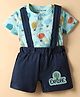 Little Darlings Single Jersey Knit Half Sleeves Henley Neck T-Shirt & Shorts Set With Air Balloon Print & Attached Suspender - Light & Navy Blue