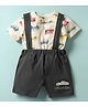 Little Darlings Single Jersey Knit Half Sleeves Henley Neck T-Shirt & Shorts Set With Car Print & Attached Suspender - Cream