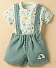 Little Darlings Single Jersey Knit Half Sleeves Henley Neck T-Shirt & Shorts Set With Elephant Print & Attached Suspender - Aqua