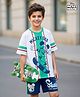 HoneyHap Disney Terry Knit Half Sleeves Drop Shoulder T-Shirt With Shorts & Mickey Mouse Graphics - White & Navy Blue