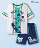 HoneyHap Disney Terry Knit Half Sleeves Drop Shoulder T-Shirt With Shorts & Mickey Mouse Graphics - White & Navy Blue