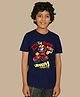 NUSYL Cotton Blend Half Sleeves Yes I M Super Hero Text Printed Tee - Navy Blue