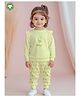 Kidbea 100% Bamboo Cotton Full Sleeves Frill Detailed & Flamingo Printed Tee & Coordinating Joggers Set - Soft Yellow