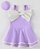 Babyhug Sleeveless Frock Swimsuit With Bow Applique & Cap - Purple