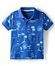 Pine Kids Cotton Knit Half Sleeves Polo T-Shirt with Beach Theme Print - Blue