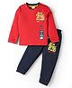 Mini Donuts Single Jersey Knit Full Sleeves T-Shirt & Lounge Pant Set with Text Print - Red & Navy Blue