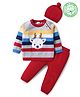 Babyhug Organic Cotton Knit Raglan Sleeves Sweater Set with Cap Reindeer Patch & Stripes - Grey & Red