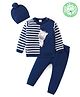 Babyhug Organic Cotton Knitted Full Sleeves Striped Sweater Set with Cap & Zebra Patch - Royal Blue