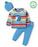Babyhug Organic Cotton Knitted Full Raglan Sleeves Pullover Striped Sweater Set with Cap & Hedgehog Design- Blue