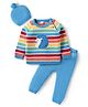 Babyhug Organic Cotton Knitted Full Raglan Sleeves Pullover Striped Sweater Set with Cap & Hedgehog Design- Blue
