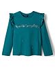 Pine Kids Cotton Knit Full Sleeves Top with Text Print & Frill Detailing - Teal Blue