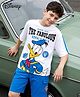Pine Kids Disney Single Jersey Knit Half Sleeves Drop Shoulder T-Shirt & Shorts Set With Donald Duck Graphics - White & Blue