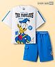 Pine Kids Disney Single Jersey Knit Half Sleeves Drop Shoulder T-Shirt & Shorts Set With Donald Duck Graphics - White & Blue