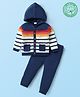 Babyhug Organic Cotton Knitted Full Sleeves Hooded Sweater Set with Pockets & Stripes Design - Royal Blue