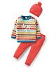 Babyhug Organic Cotton Knitted Full Sleeves Striped Sweater Set with Cap Star Design - Red